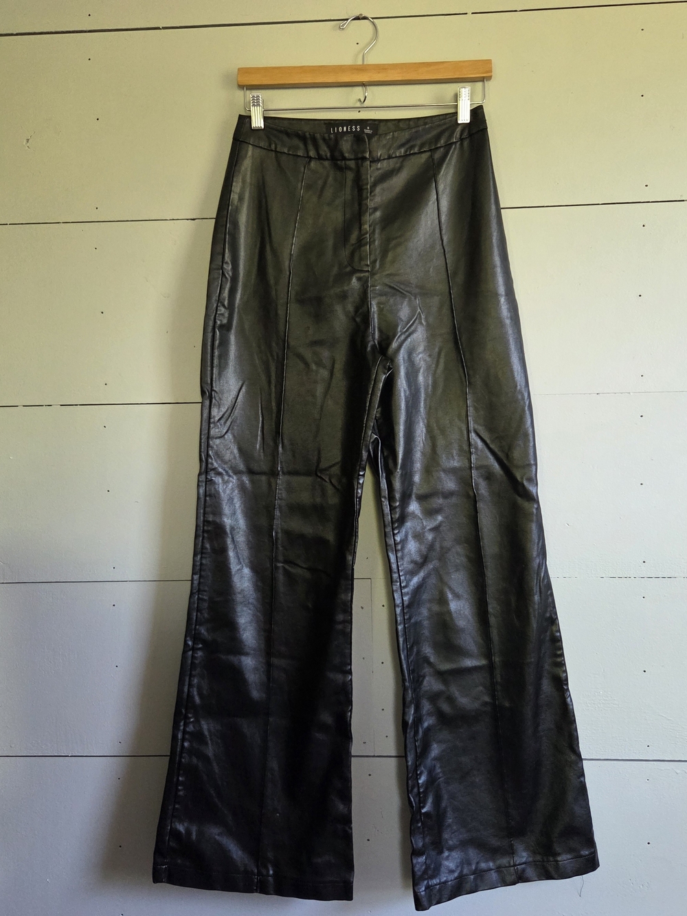 Lioness Women's Wide-Leg Pants Black Faux Leather Solid Flat Front Regular